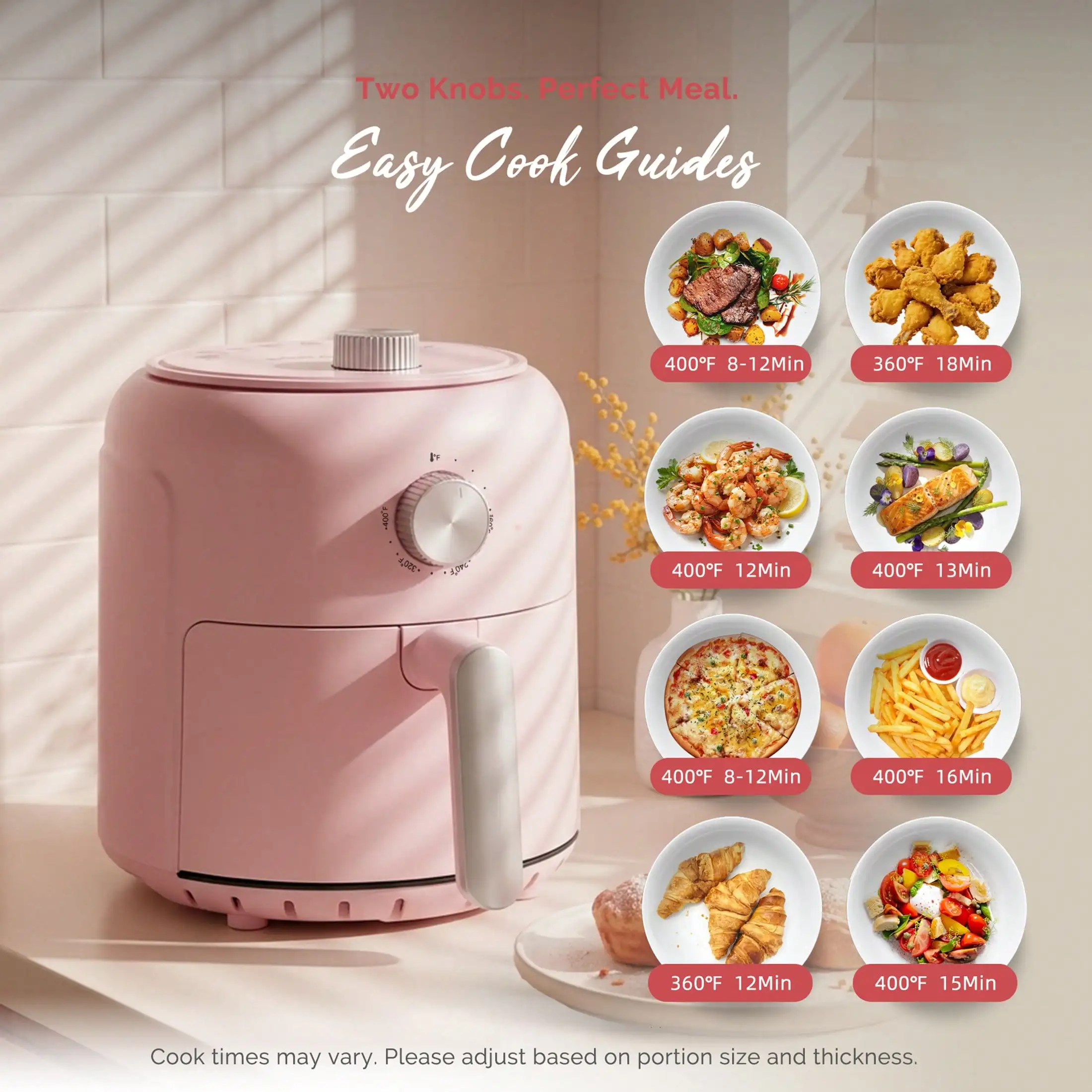 2.8QT Compact Dial Air Fryer, Easy To Knob Control, Black And Pink, 1200W For Quick Cooking, Non Stick Dishwasher Basket, Matte Finish, Suitable For 1-2 People, Excellent Gift,