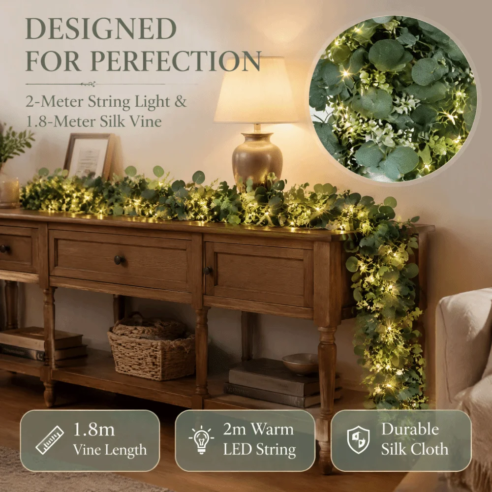 With Lights Eucalyptus Garland Green White Flowers Faux Greenery Garland Artificial Leaves Berries Fake Plant Vine Home Decor