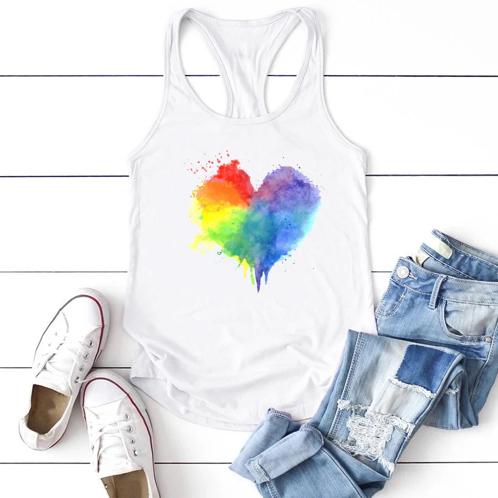 Seeyoushy Multicolored Heart Printing Tank Top Women Sleeveless 2023 Summer Vest Female Round Neck Tank Tops Aesthetic Camisetas