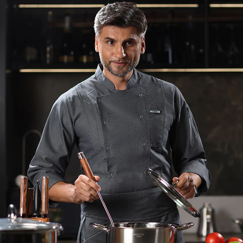 

Новая кожаная униформа для поваров, летняя модель с коротким рукавом для мужчин, для кухни, поварских, столовых, предприятий общественного питания, длинная.