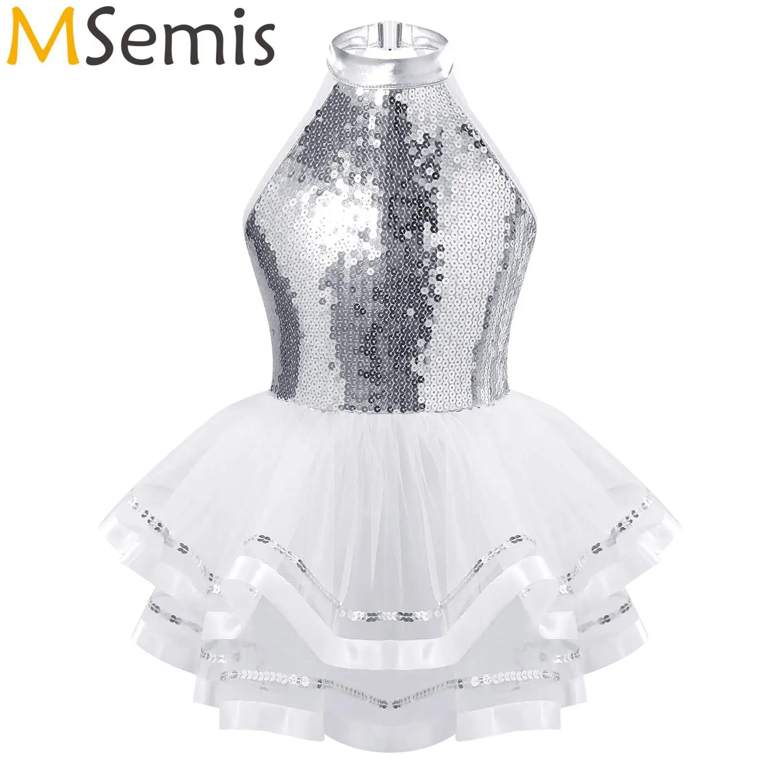 Girls Sparkling Sequins Ballet Jazz Dance Dress Gymnastics Skating Dress Straps Back Mesh Tutu Skirts Dance Performance Costume