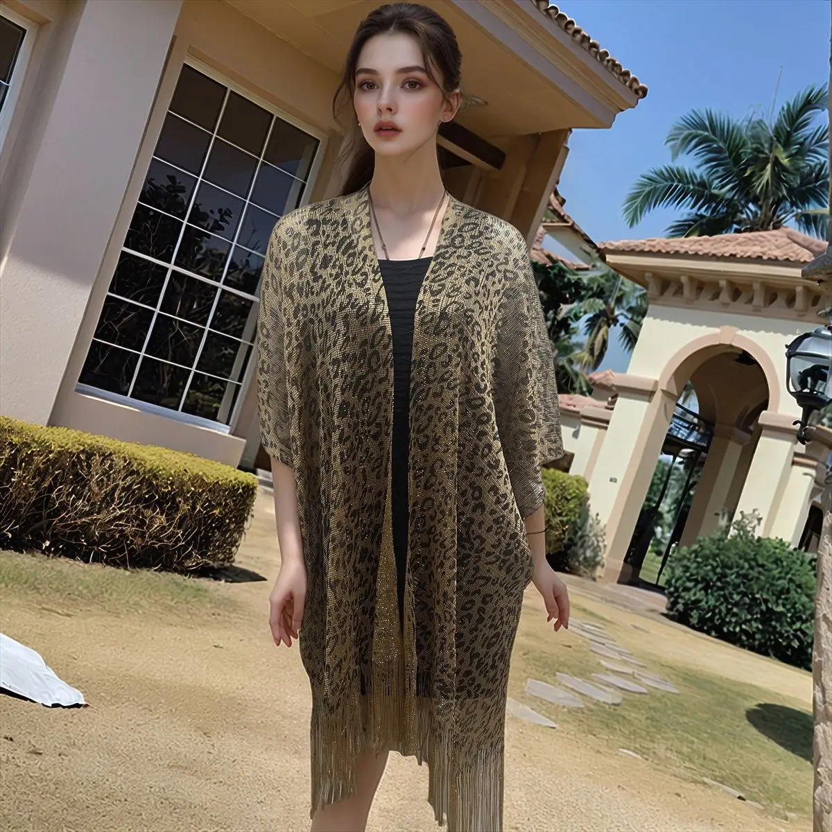 

Summer Golden Leopard Print Open Cardigan Bikini Cover up New Sle Beach Vaion Sun Protection Street Sle Polyester Fabric