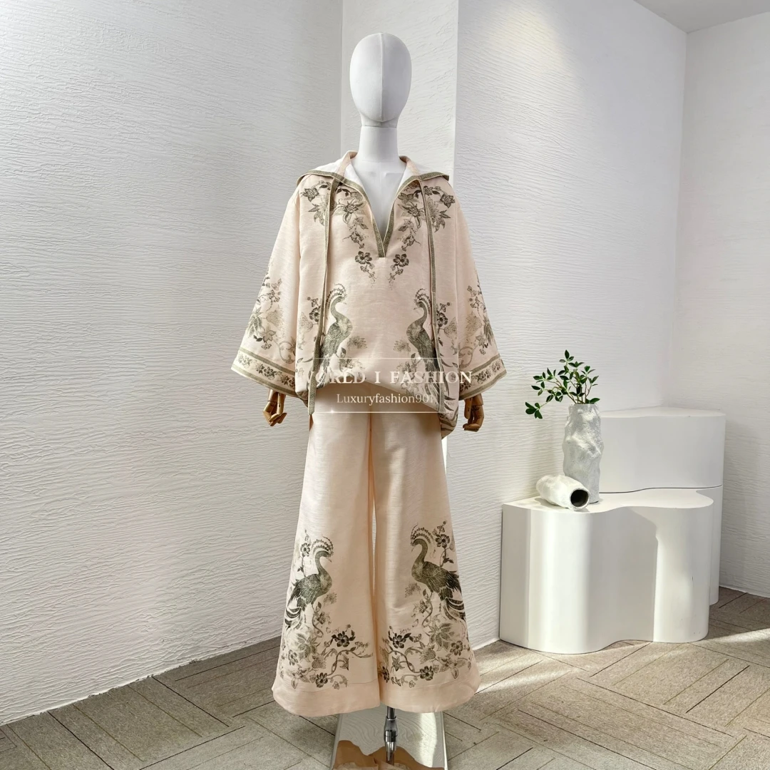 

2025 New Collection Women's Beige Long Sleeve Hooded Peacock Floral Print Bell Bottoms Tops and Pants Set