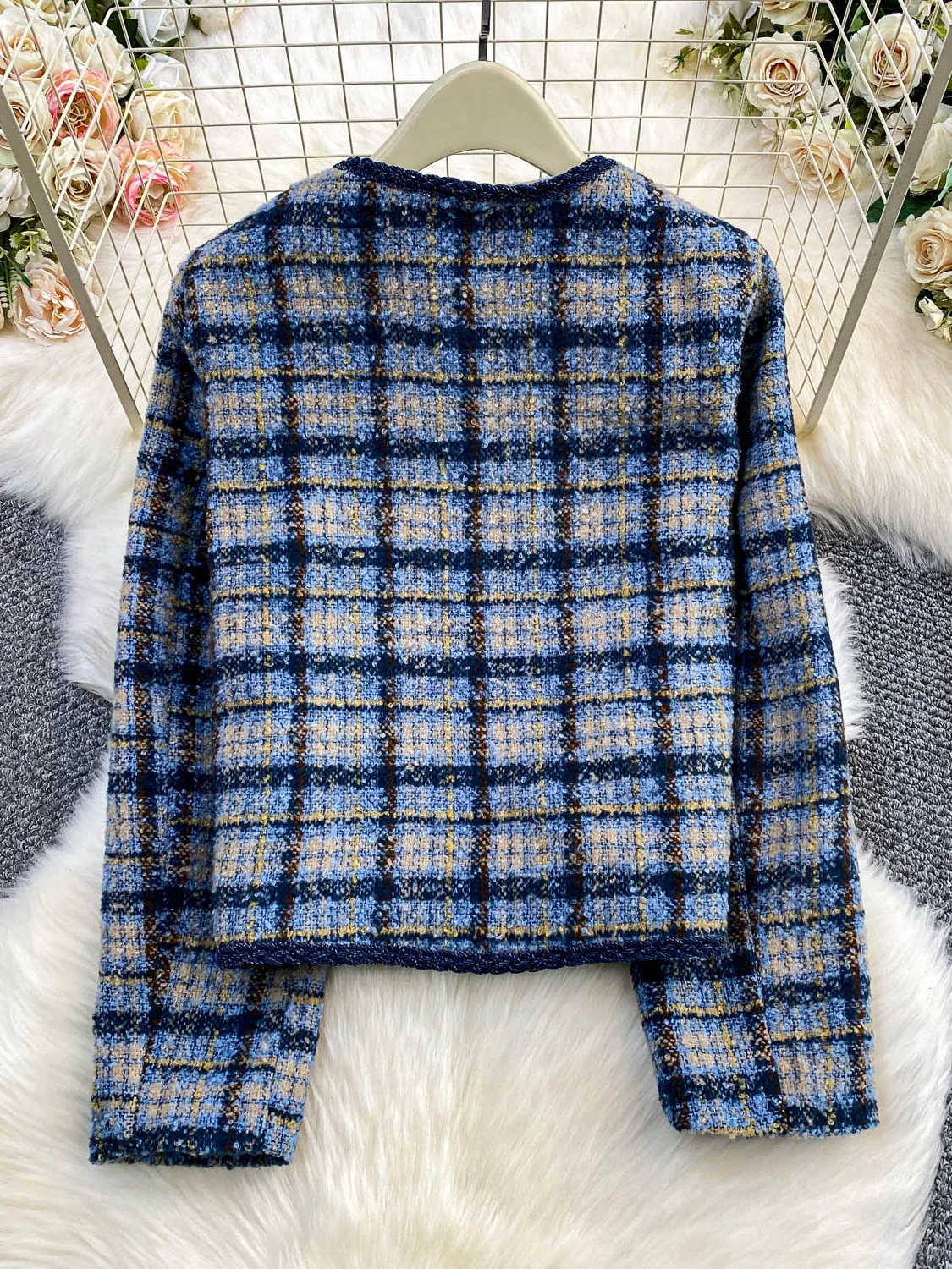   Wełniany płaszcz w kratę Thiened, okrągły kołnierz, płaszcz zimowy damski, wyszczuplający, ozdobny guzikami, luźny krój, długi rękaw.