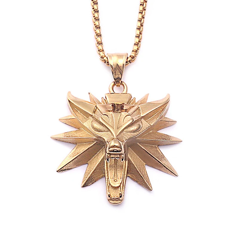 Edelstahl Mittelalterliche Dreifach-Wolfskopf-Anhänger-Halskette für Männer und Frauen Vintage Fantasy Schutzamulett Schmuck Geschenk