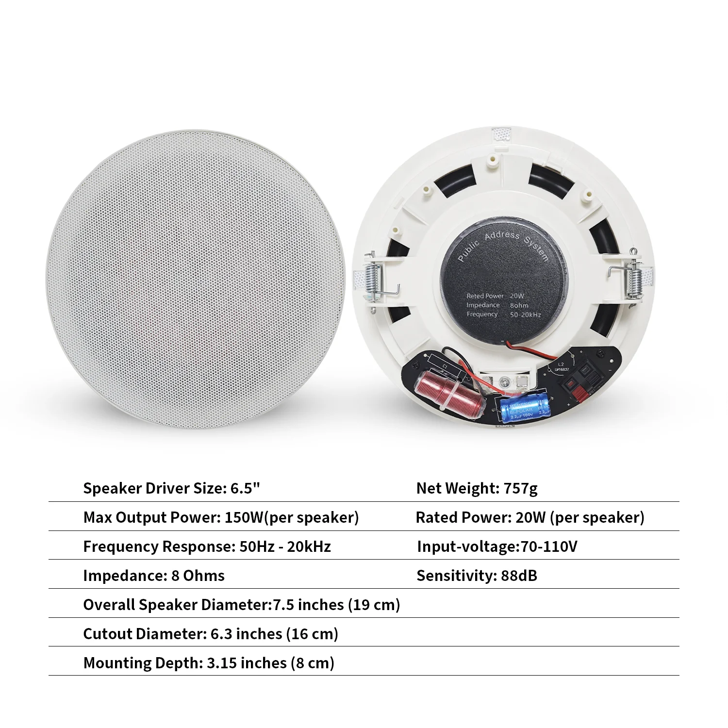 MUXEARK 300W 6.5'' Ceiling Bluetooth Speaker Wired Home Recessed Speaker System Suitable With Amplifier Receiver For Indoor Bath
