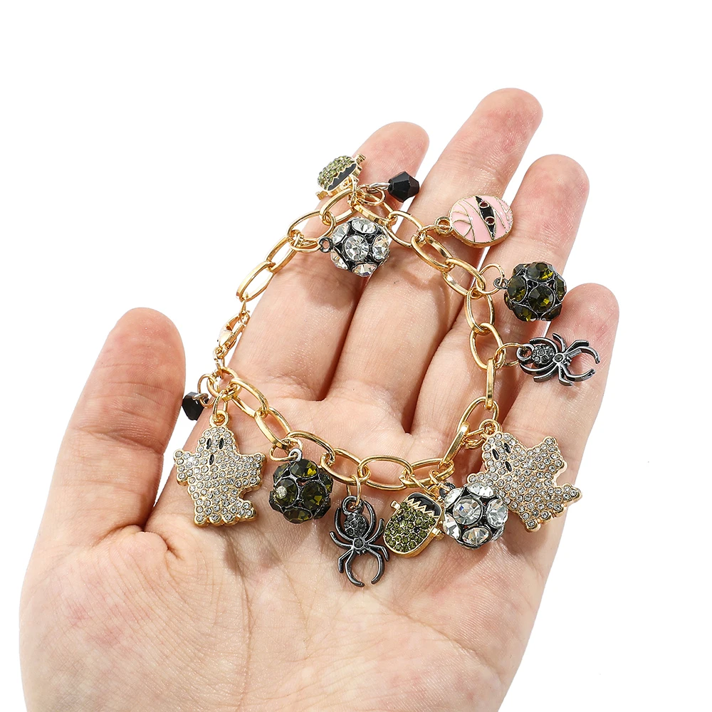 Halloween Character Bracelet, Gold Zinc Alloy Link Chain, Rhinestone Ghost Spider Mummy Enamel Dangles Crystal Bead Teen Gift