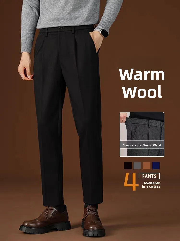 

Autumn Winter Thiened Men's Tweed Suit Pants Slim Fit Nine Points Casual West Pants Drapey Straight Leg Busin Casual Sle