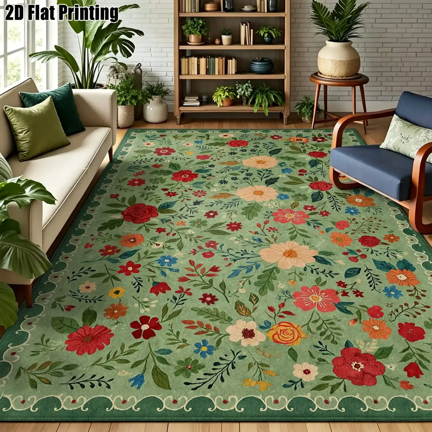 1Pc 2D Printed Carpet: Green Base, Colorful Floral Patterns European Vintage, Bohemian, Instagram-Style Floor Mats for Home Deco