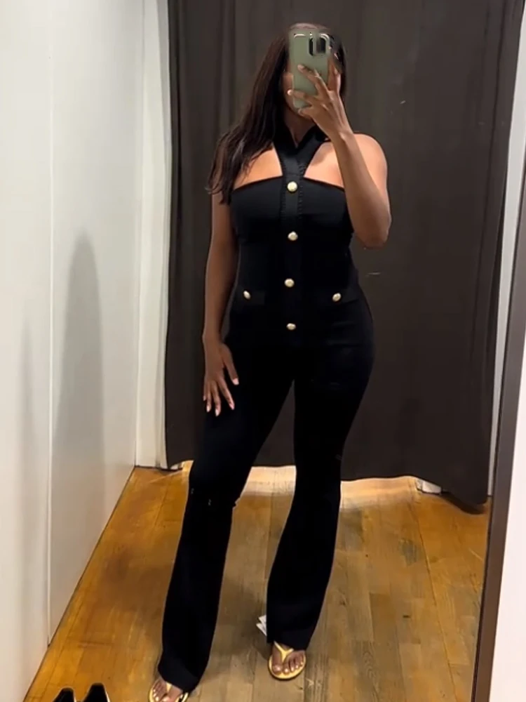 

HH Women Summer 2-Piece Set Solid Elasticity Neck Halter Button Design Sleeveless Backless Sexy Top+Elastic Waist Long Pant