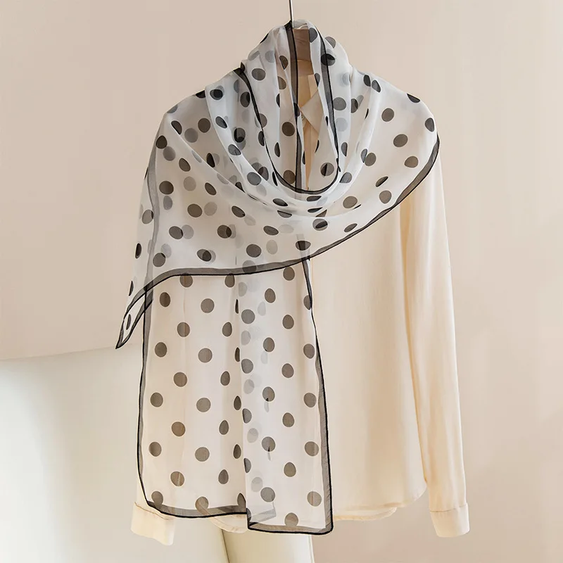 

Scarf Silk Women White Long Dots Breathable Light Weight Sun Protection Shawl Accessory For Beach Summer Spring Holiday Luxury