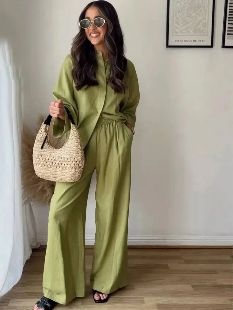 

Women Casual Solid Color Two Piece Sets Spring Summer Fashion Lapel Long Sleeve Loose Shirt Top + Wide Leg Pants 2 Piece Set