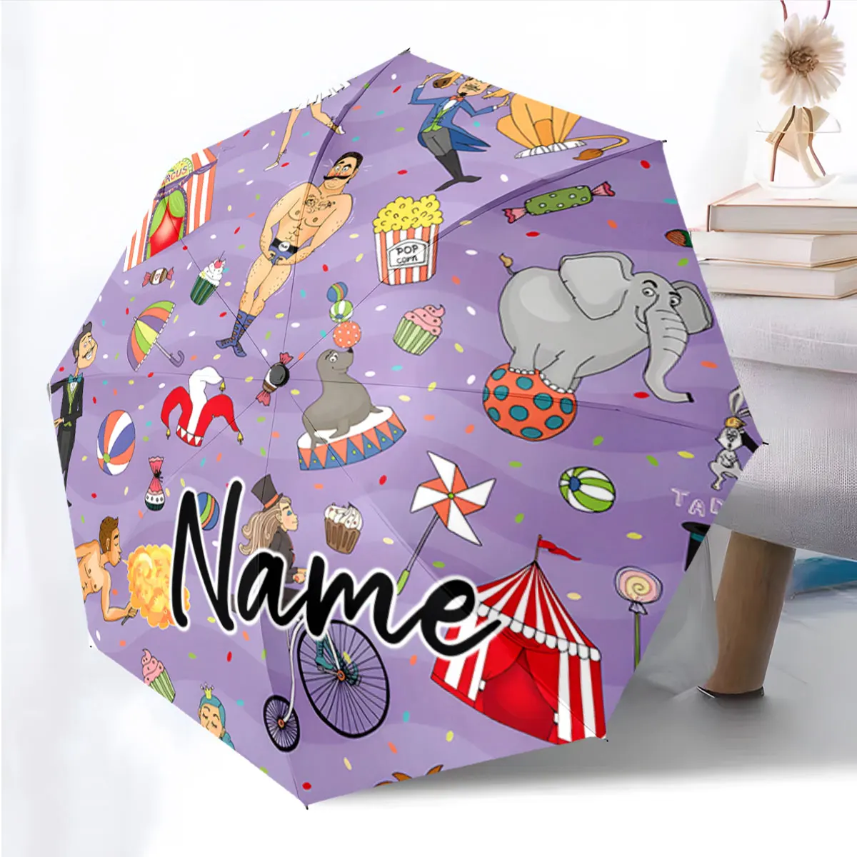 Custom Name Circus-Themed Colorful Umbrella with Fun Artistic Designs 8 Iron Ribs Folding Umbrella Auto-Open Fashion Sunshade