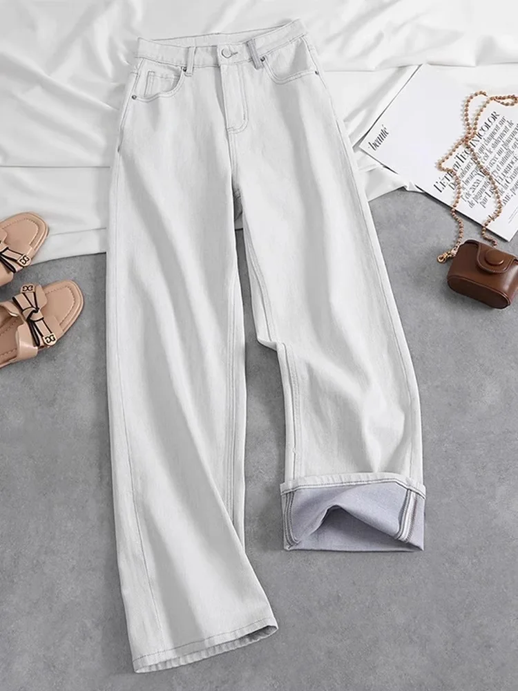 Dżinsy damskie z wysokim stanem, proste nogawki, białe, szerokie spodnie, wyszczuplające, codzienne, zapinane na zamek, denim.