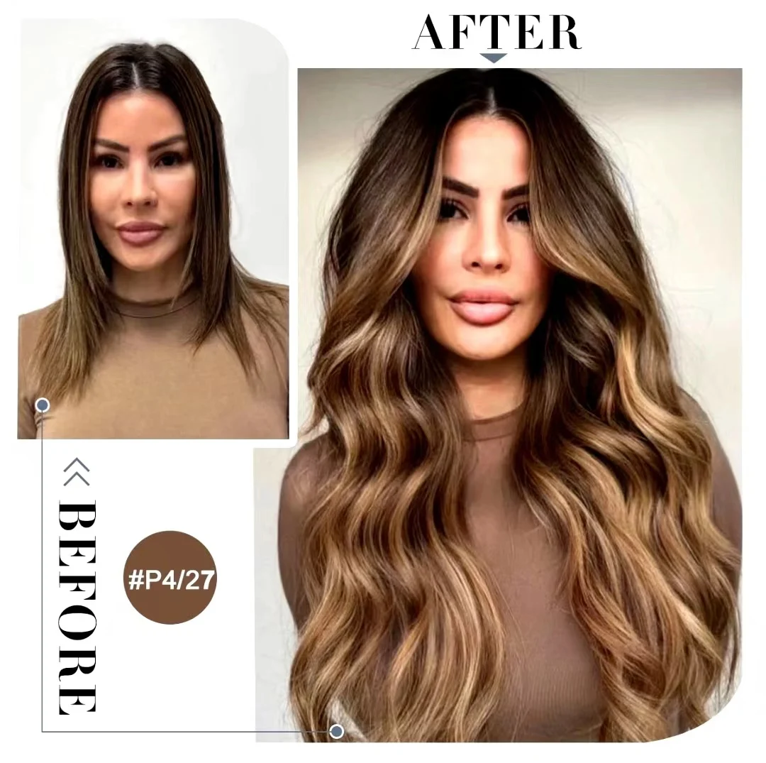 Cinta recta de hueso resaltado en extensiones de cabello, P4/27, cinta adhesiva marrón en extensiones, cabello humano Remy, 12-30 pulgadas, 40 unids/lote por paquete