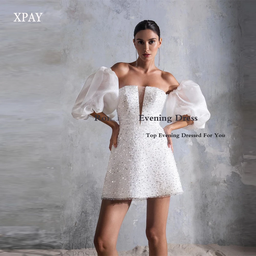 XPAY Glitter Short Wedding Dresses Puff Short Sleeves White Sweetheart Backless Short Wedding Gowns For Special Occasion Dress