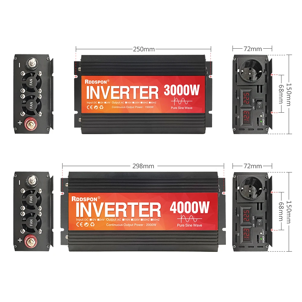 Imagem -03 - Rddspon-inversor de Onda Senoidal Pura Transformador Solar de Carro Conversor de Banco de Potência 4000w 3000w dc 12v 24v para ac 220v 50h 60hz Power Bank