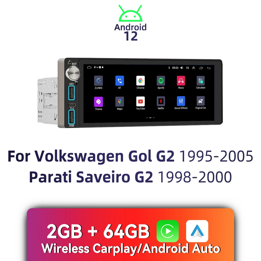 Carplay autoradio 6.86 "tela 1din rádio android carro multimídia para vw volkswagen gol g2 1995-2005 parati salvariro g2 1998-2000