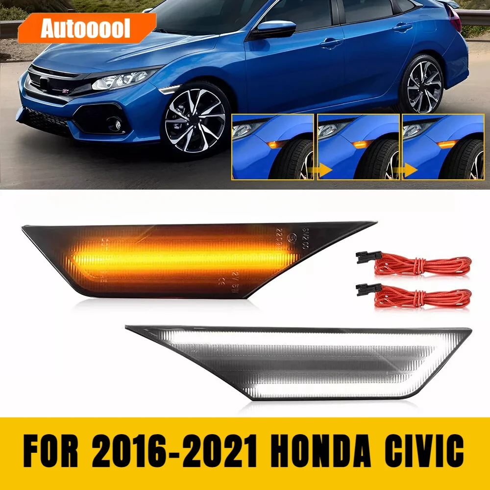 

2 шт. плавный янтарный указатель поворота, боковой габаритный фонарь, белый DRL для Honda Civic 10-го поколения, седан, хэтчбек, повторитель, индикатор 2016-2021