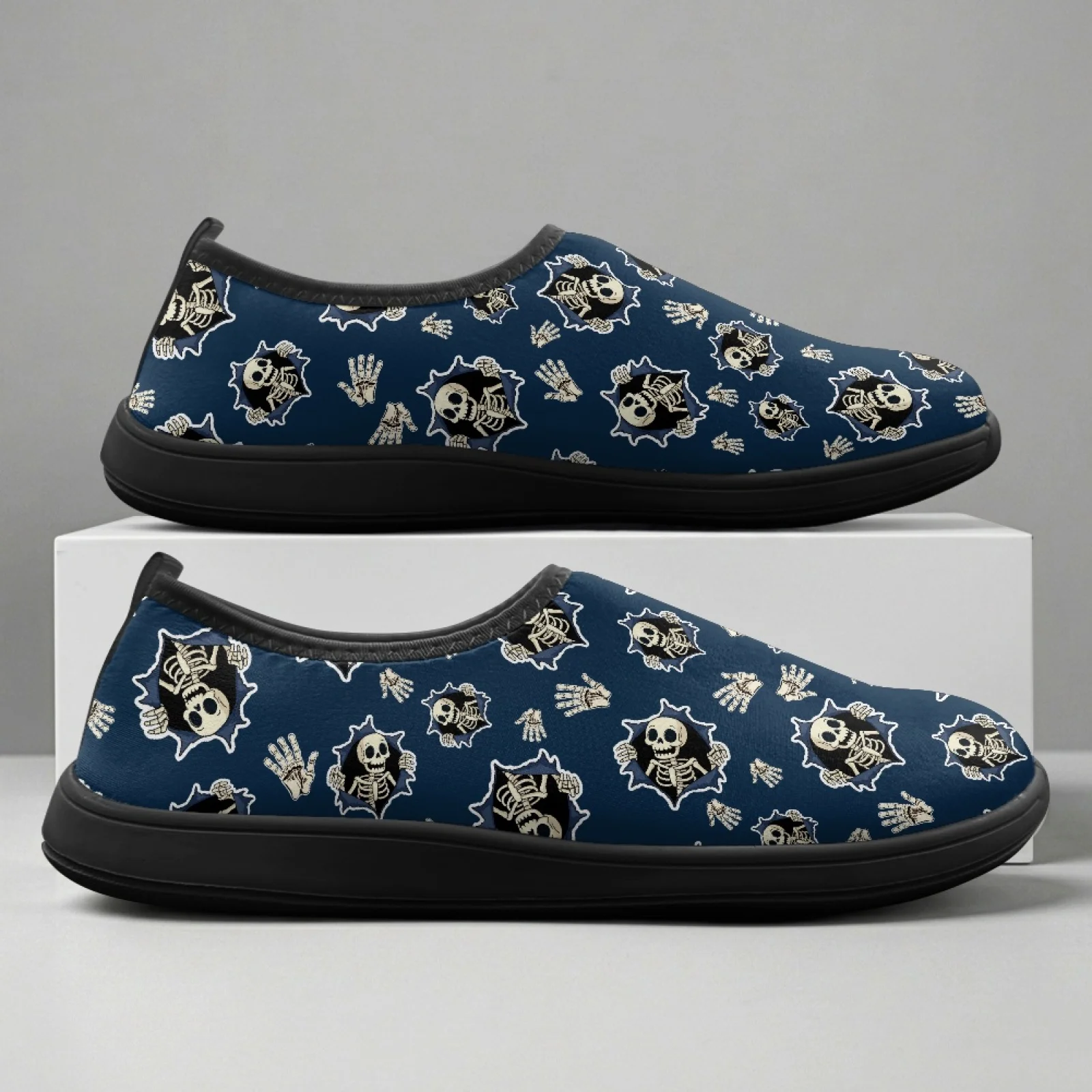 PENSTROLL Navy Skeleton Print Fall Fashion Breathable Walking Sneakers for Men Polyester & EVA Tennis Shoe Walking Flats