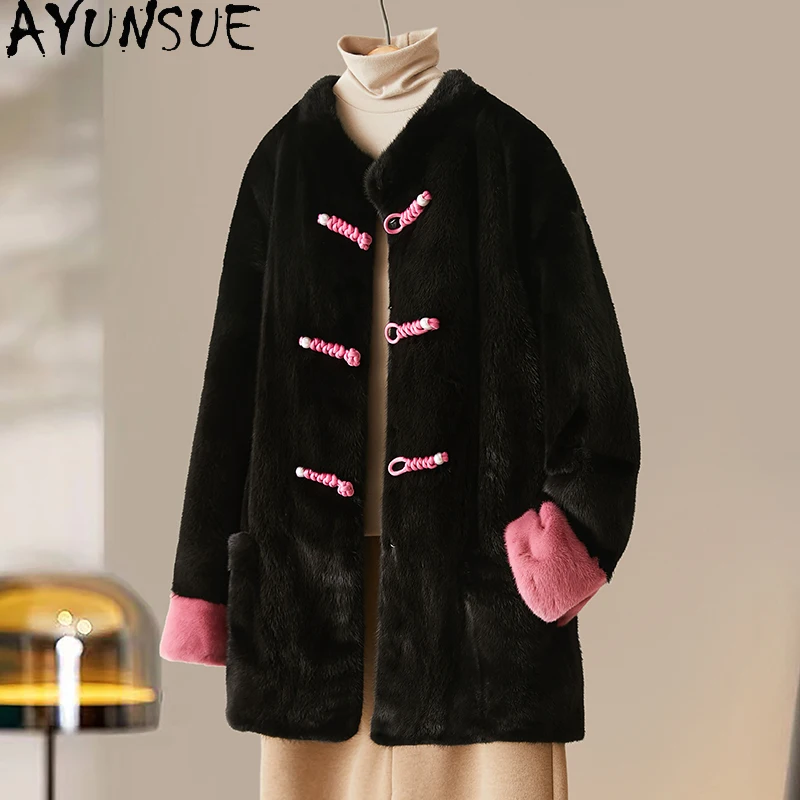 

AYUNSUE Real Whole Mink Fur Coat Women Clothes Luxury Natural Fur Coats Warm Womens Coats Mid-length Winter Jacket Шуба Женская