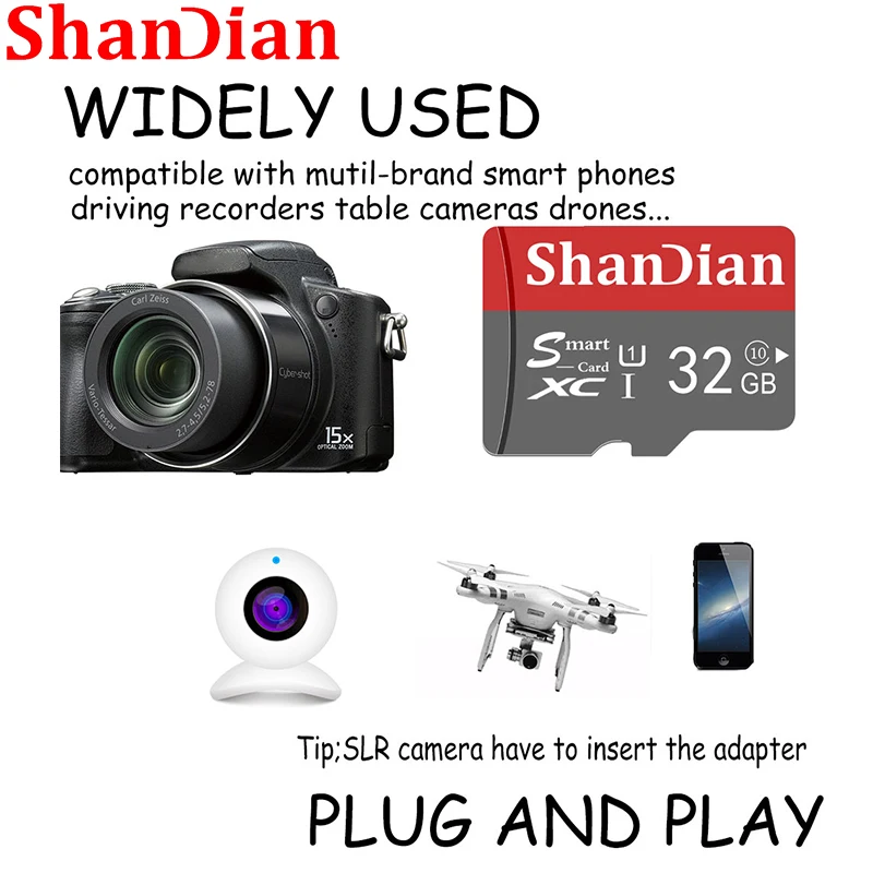 SHANDIAN Mini Smart Memory Card 128GB 64GB Smart SD Card Gray Class10 Flash 32GB 16GB Memory Card for Smartphone/Tablet Camera