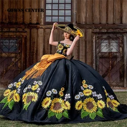 Embroidered Sunflower Black Quinceanera Dresses Ball Gown Birthday Party Dress Mexican Graduation Gown sweet 15 16 Customized