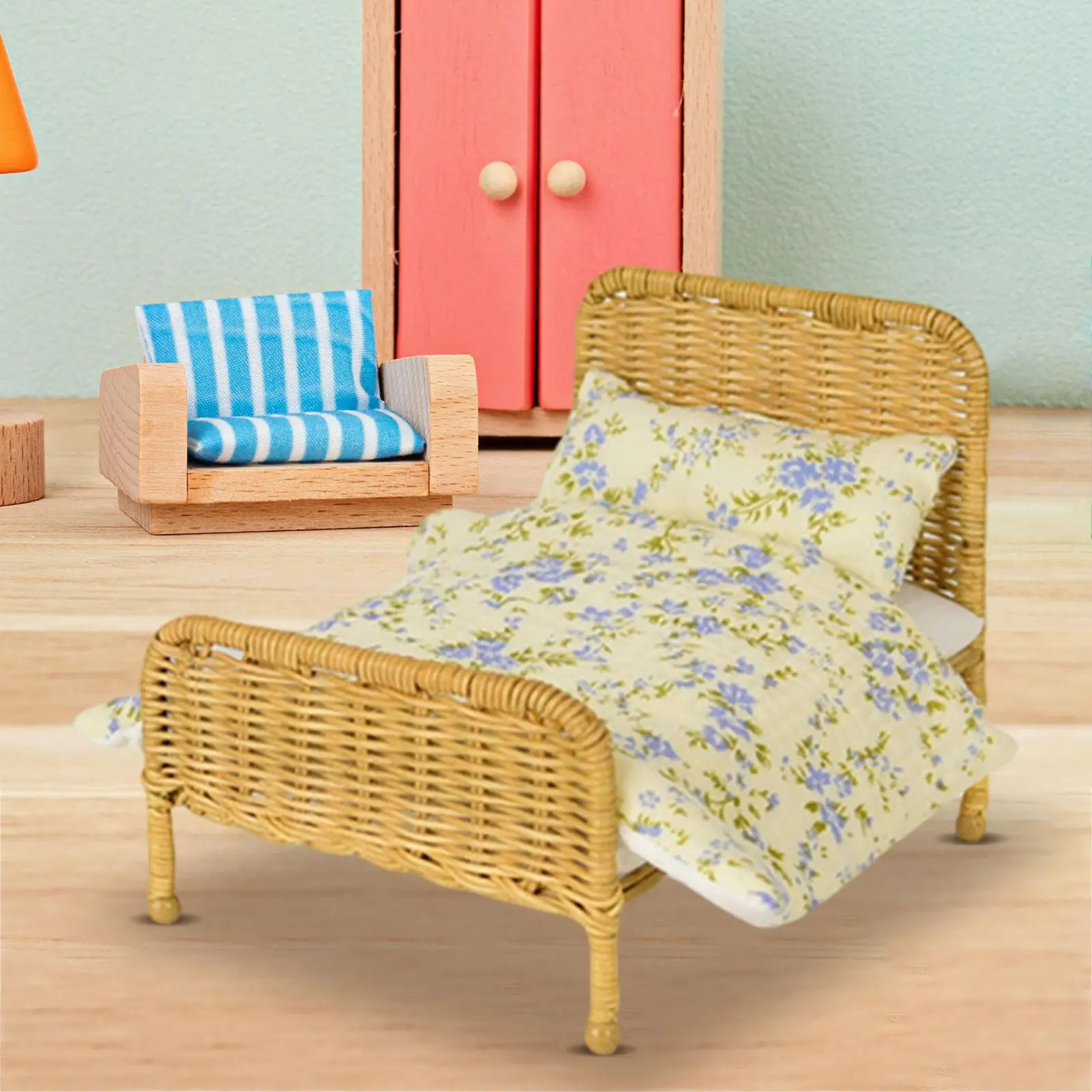 Dollhouse Ratten Bed 1/6 Scale Pretend Play Toy Woven Decorative for Photo Props Dollhouse Micro Landscape Mini House Diorama