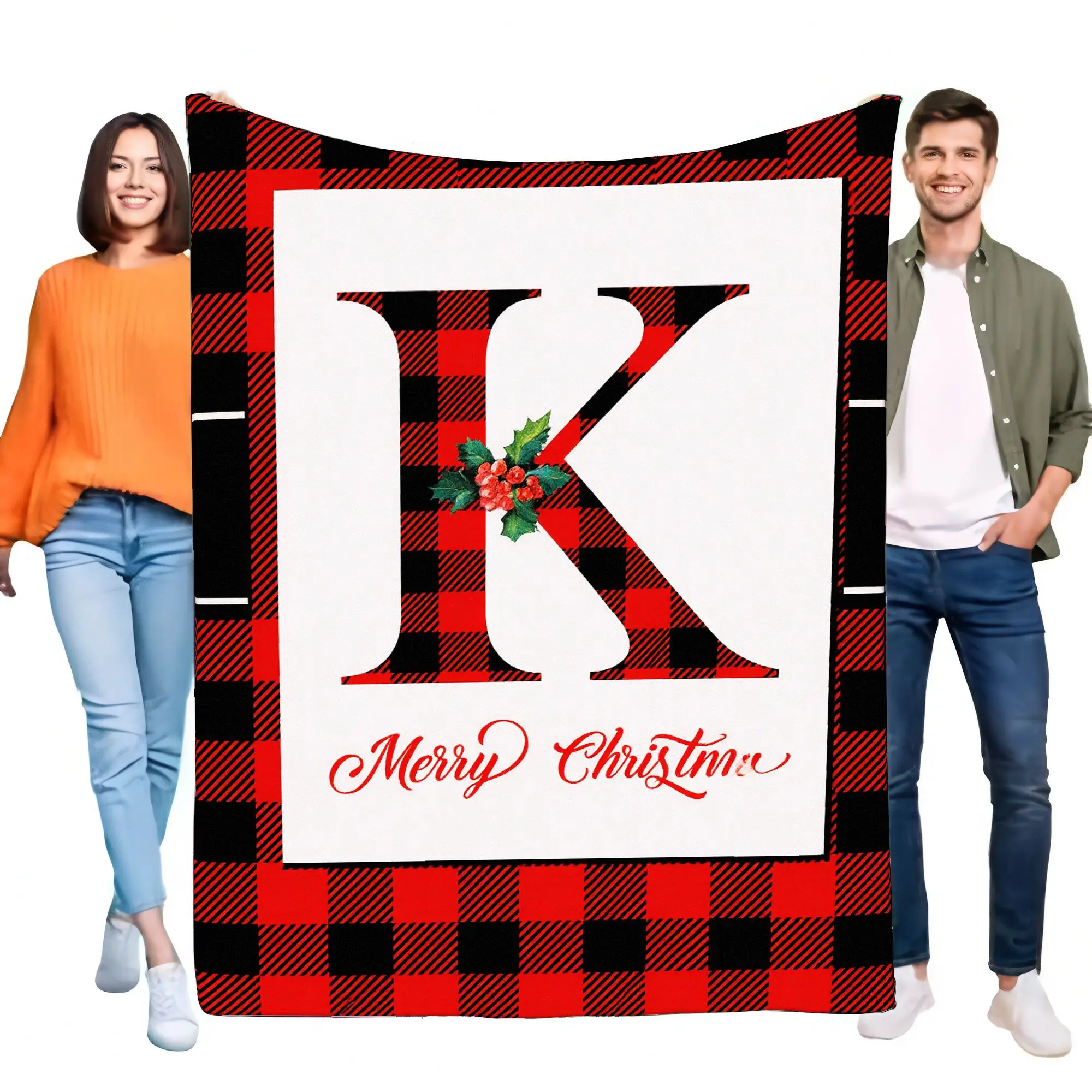 Personalized Buffalo Plaid Blanket Red Black Throw with Initial 'K' and Merry Christine Text Festive Holiday Home Decor Cozy Sof
