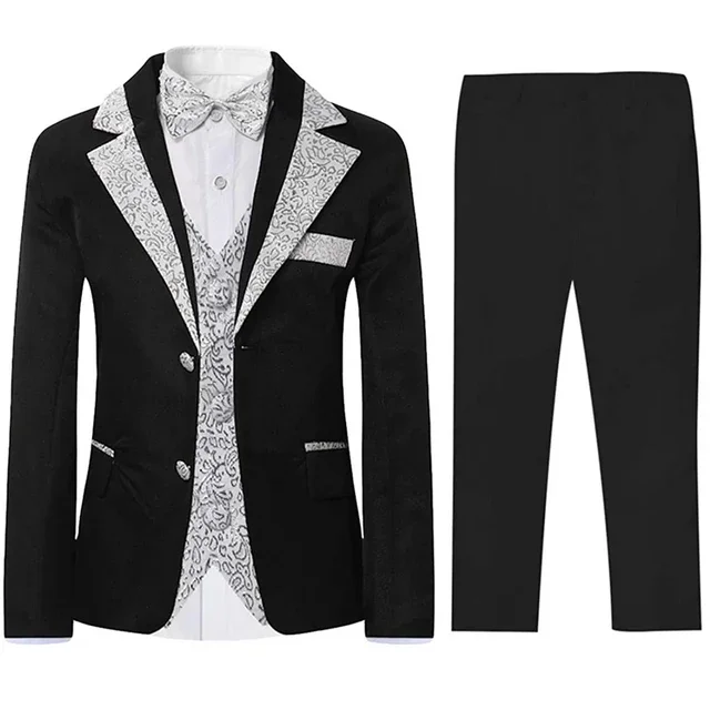 Boys Slim Fit Suits 5 Pieces Set Kids Blazer Vest Pants Shirt Bowtie  Jacket With Gold Rims For Wedding Party Prom
