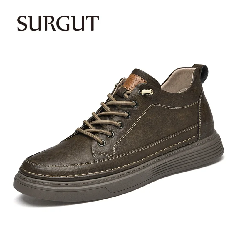 SURGUT Men Casual Shoes Split Leather Retro Board Height Increase 6cm Anti-Skid Elasticity Comfortable Shoes Size 36-47