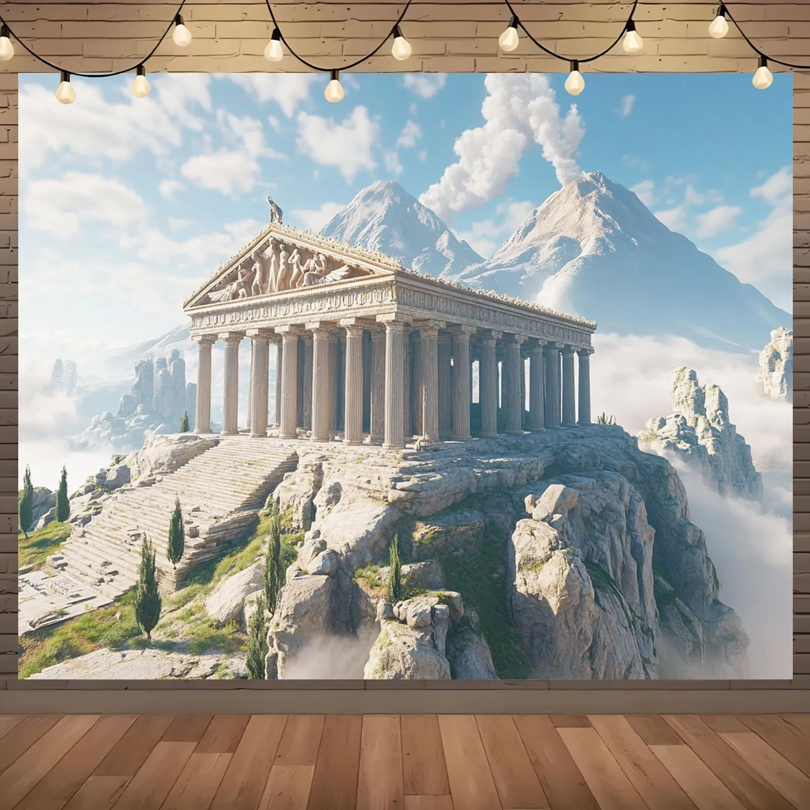 Banner de fundo da montanha Olympus - tema mitológico grego e design Parthenon, poliéster, decoração mitológica grega