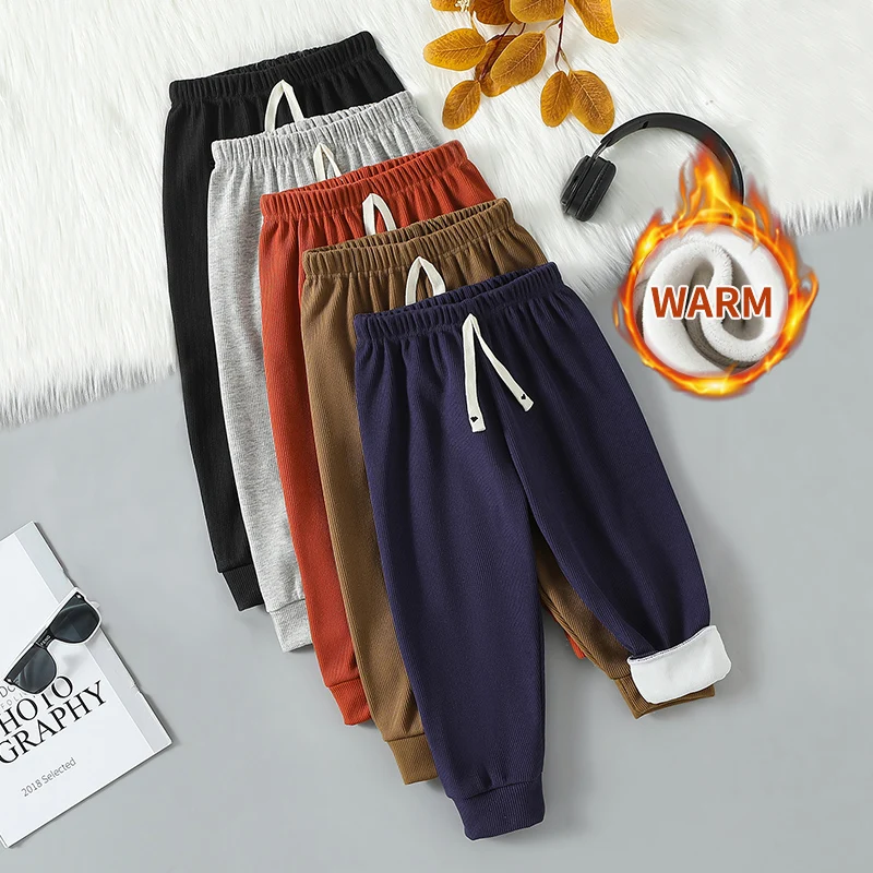 

Осенне-зимние детские однотонные повседневные спортивные штаны с флисовыми спортивными штанами, красивые толстые шаровары для мальчиков, базовые штаны для девочек