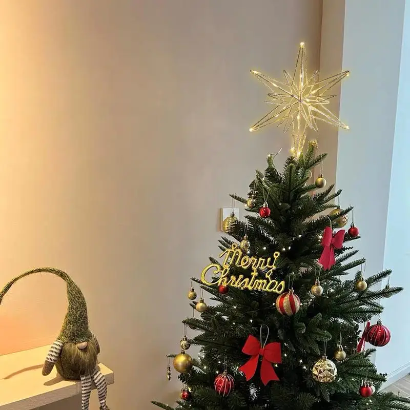 Estrella luminosa para árbol de Navidad, luz LED alimentada por batería, adorno para árbol de Navidad, diseño hueco, decoración navideña con purpurina