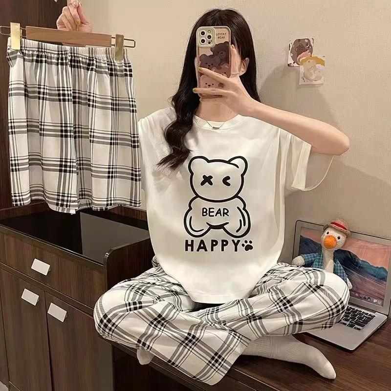 Women\'s New Pajamas Three-Piece Female Summer Short-Sleeved Loose Korean Version Of The Students Large Size Home Wear Pajamas