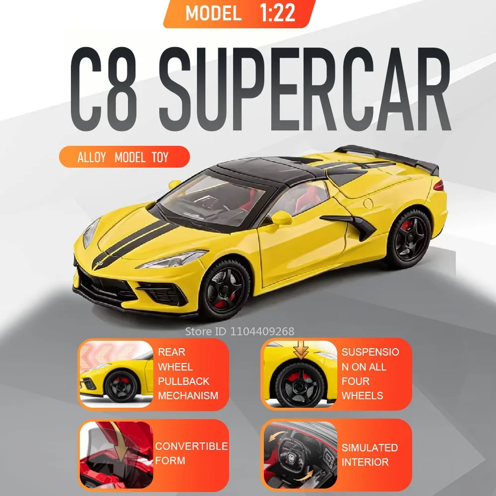 

Масштабная модель спортивного автомобиля C8 Cobra 1:22, игрушка с музыкой и светом, открывающиеся двери, откатывающийся механизм, трансформируемый кабриолет, коллекционные игрушки, подарки для детей