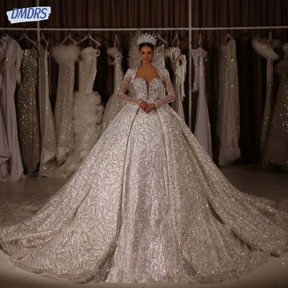 Impressionante querida pescoço vestidos de casamento cristais miçangas vestido para noiva brilhante até o chão vestido de noiva novia