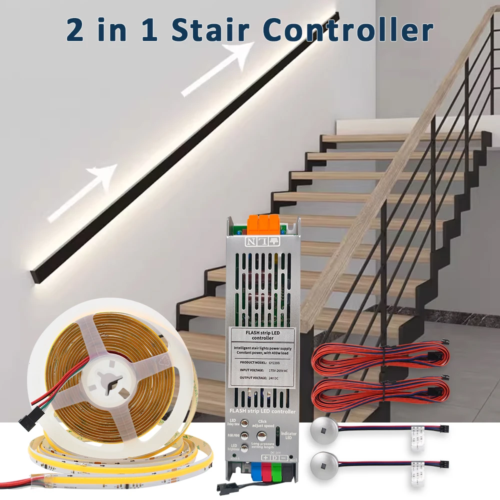 COB Running Water Flow Stair LED Strip Light 24V 400W 2in1 Controller with  Motion Sensor WS2811 Lamp Tape for Stairway Lighting