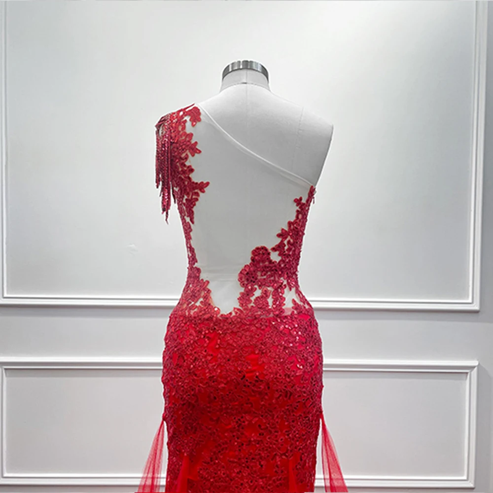 Prom Dresses Floor-length Red Long Mermaid One Shoulder Tulle Lace Prom Dress Sequined Sleeveless Formal Occasion Dresses