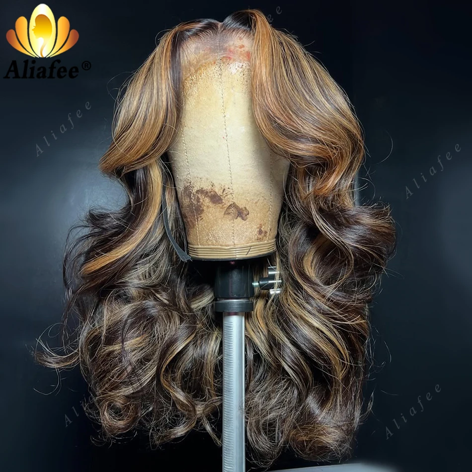 

Dark Brown Highlight Honey Blonde Body Wave Wig Easy To Wear Drawstring Adjustable 13x6 Transparent Lace Frontal Human Hair Wig