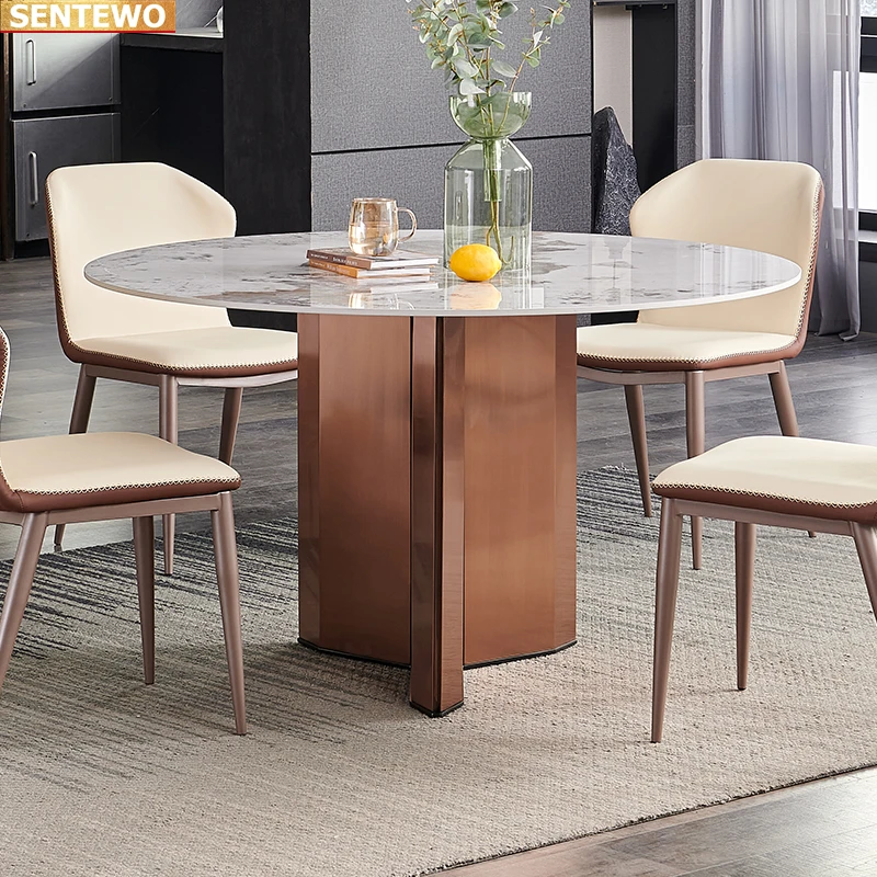 Designer Luxury round kitchen Marble Rock Slab dining table set 8 chairs mesa de jantar posta furniture marbre Carbon steel base