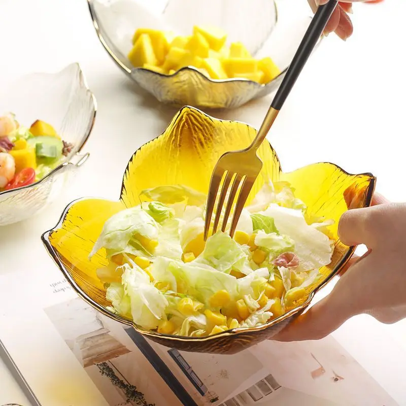 XCX 2PCS Golden-Edged Petal Glass Salad Bowls and Plates Wholesale Home Fruit Plate Creative Dessert Bowls 3