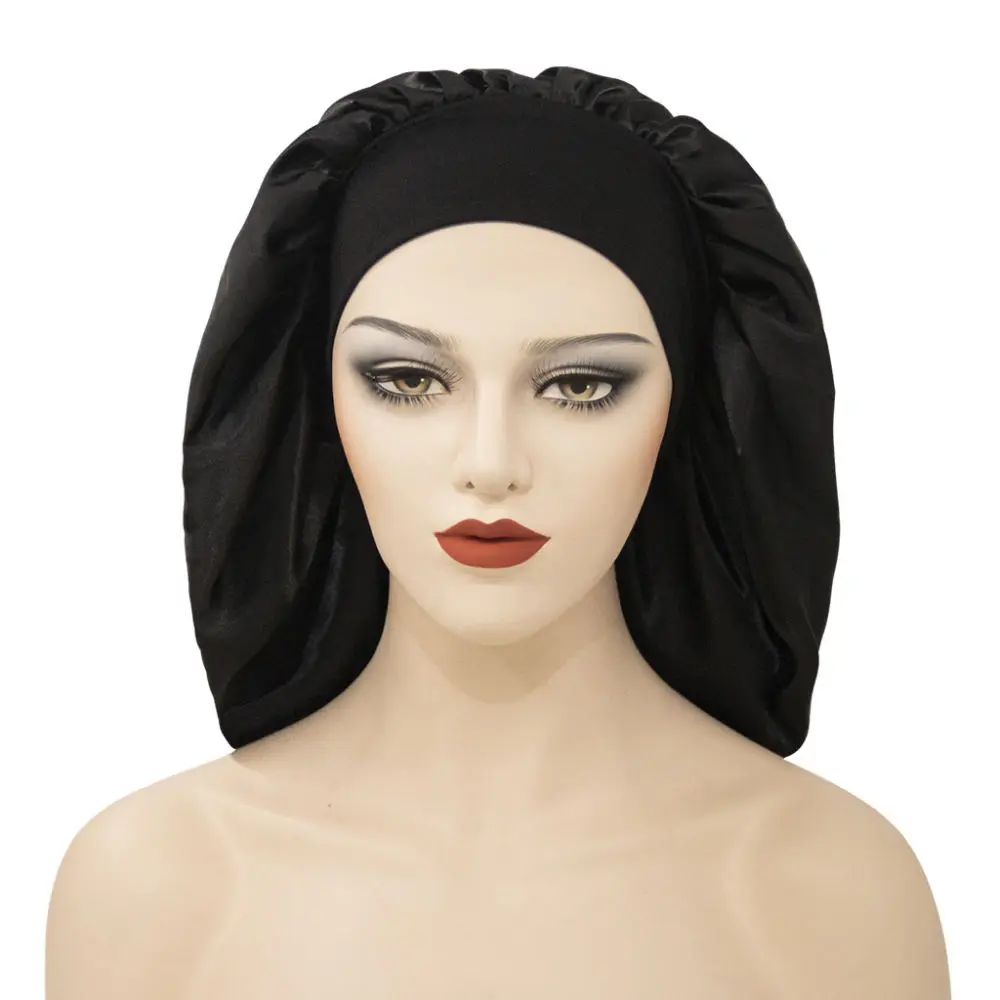 Large Satin Hair Bonnet Silk Sleep Cap Adjustable Stretchy Shower Hat Night Treatment Protection Beauty Hair Styling Tool
