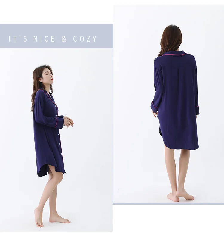 Women's fall and winter long-sleeved pajamas Sexy mid-length nightgown leisure loose home clothing solid color  cardigan PJS