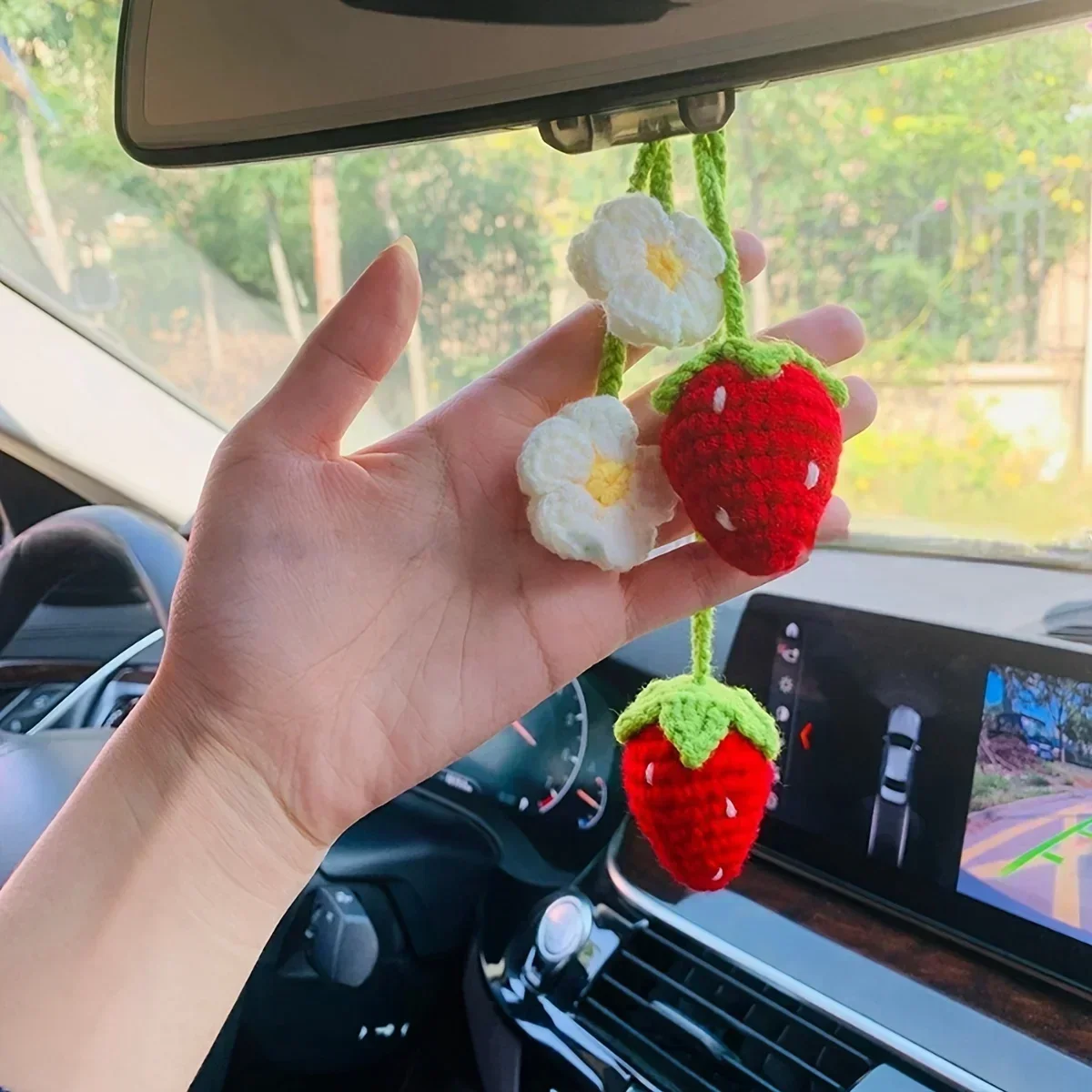 Cute Handmade Flower Knitted Pendant Car Rear View Mirror Decor Hanging Crochet Pink Strawberry Bag Key Pendant Women Girl Gift