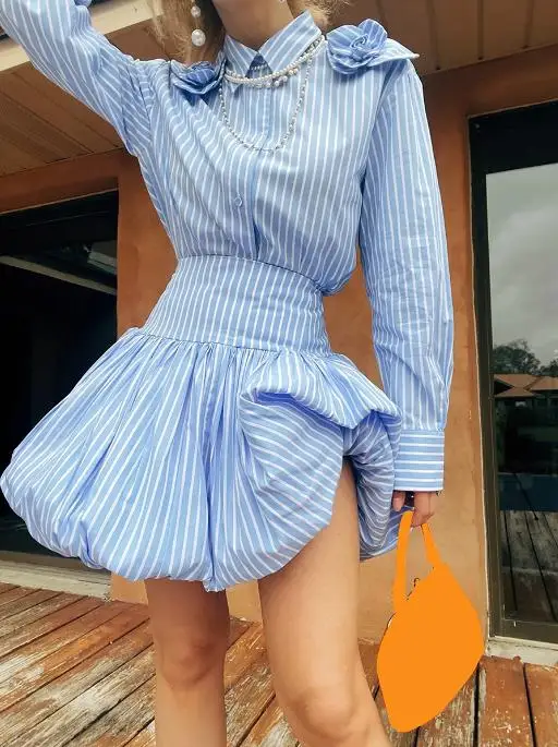 

Women'S Summer Mini Puff Skirt Elegant Irregular Blue High Waist A-Line Stripe Skirt Suitable For Daily Travel and Parties