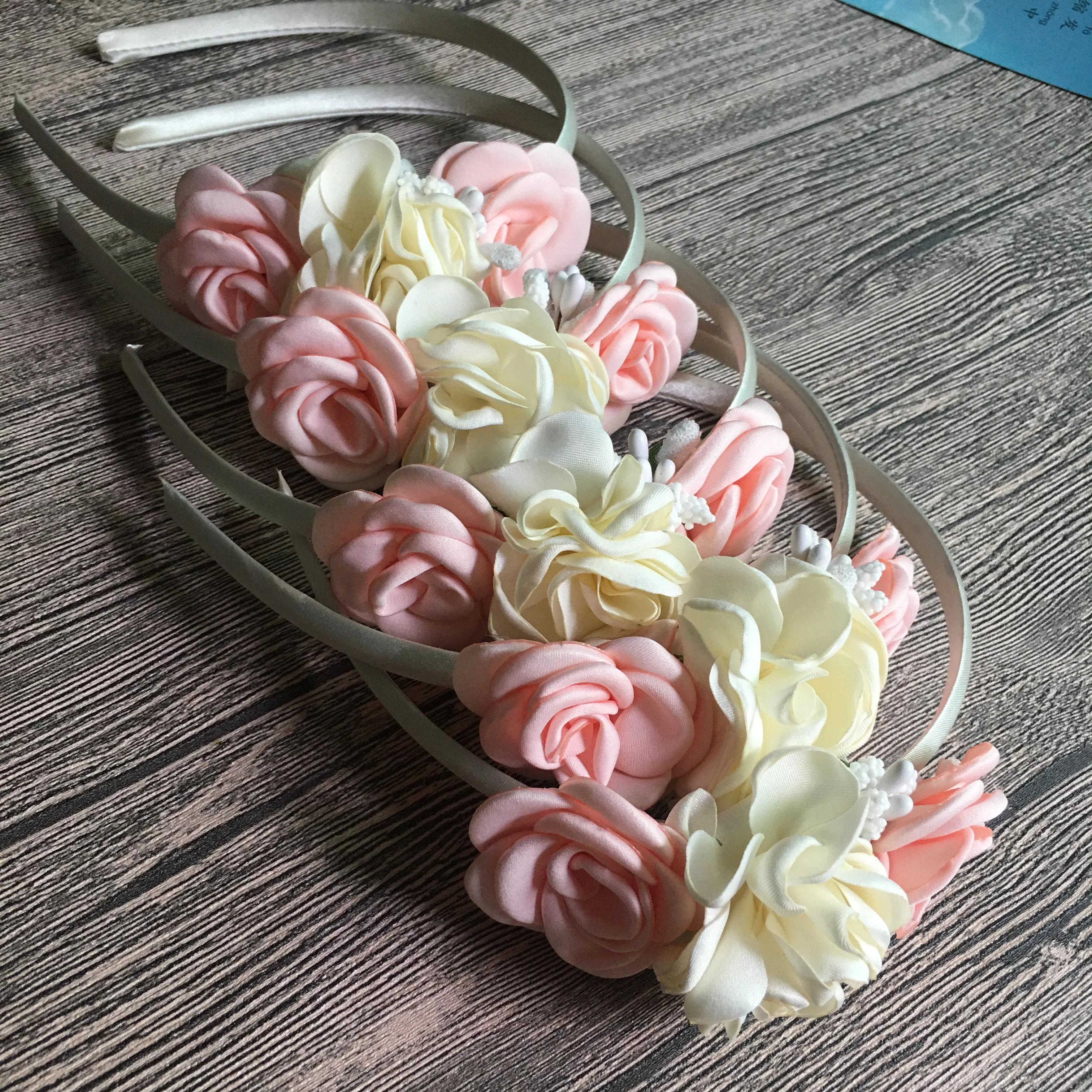 

20Pcs/Lot 2024 New Baby Girls Flower Headbands Ivory Color Satin Burned Flowers Hairband For Newborn Kids Party Headwear