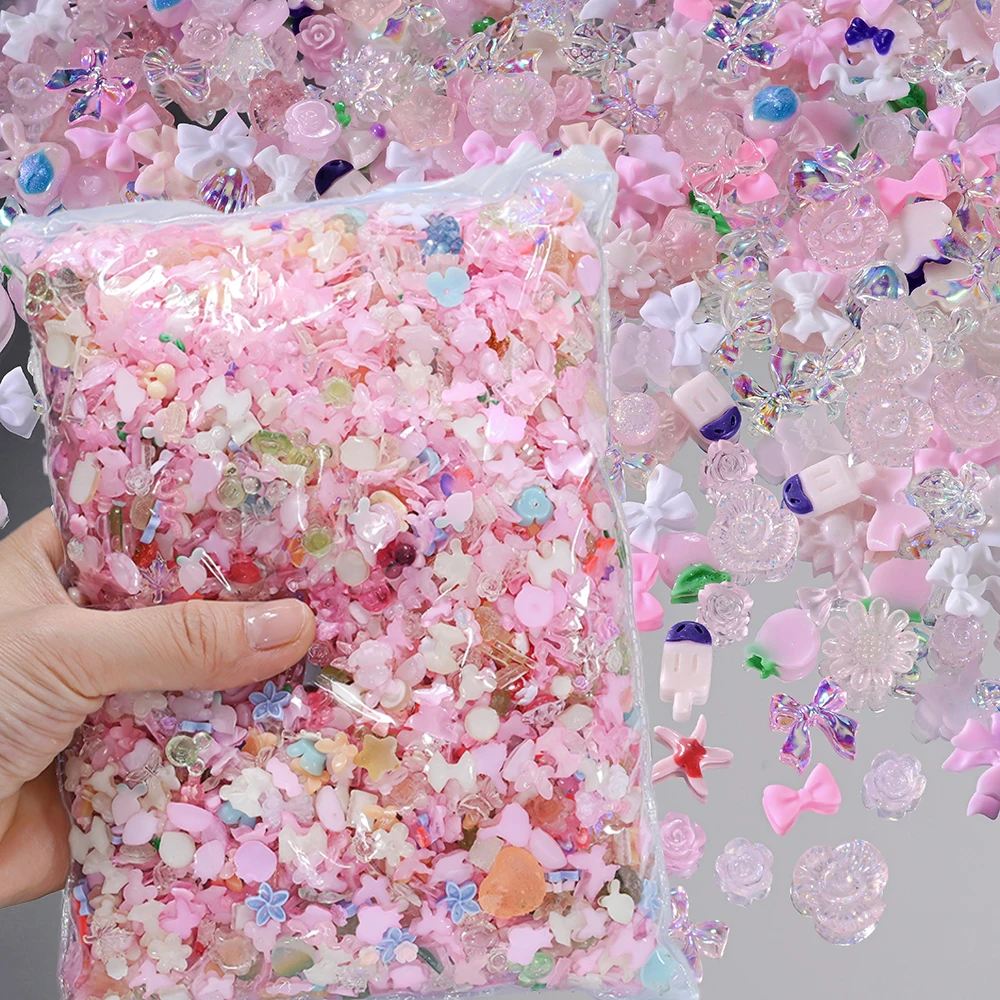 

500-600pcs Mixed Resin Nail Charms 3D Bow Flower Butterfly Nail Art Decorat Pink, Blue, Green, Purple Press on Manicure Supplies