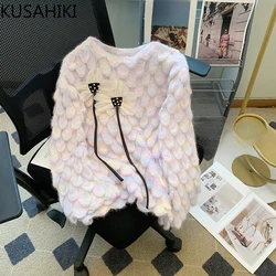 KUSAHIKI Causal Fashion 3D Flowers Ribbon Pullover Sweater 2023 Autumn Winter New Knitwer Tops Korean Sweet Women Knitted Jumper