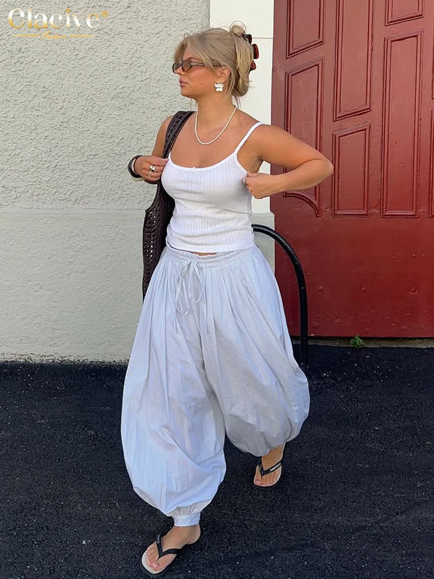 Clacive Fashion Loose Blue Women's Pants 2025 Casual High Waist Wide Trousers Elegant Classic Solid Pants Female Clothing
